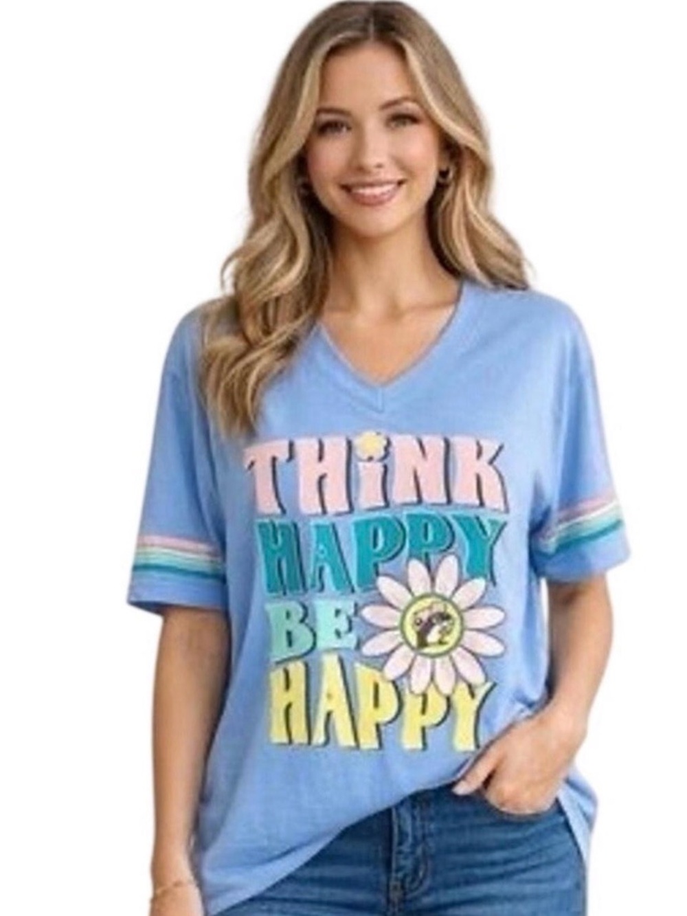Buc-ee's Think Happy Be Happy Graphic V-Neck Tee